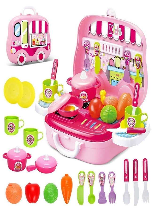 LONGMIRE Plastic Portable Cooking Kitchen Play Set Pretend Play Food Party Role Toy for 4 Years Old Boys Girls Pink (2 in 1 Kitchen Set) - Image 1